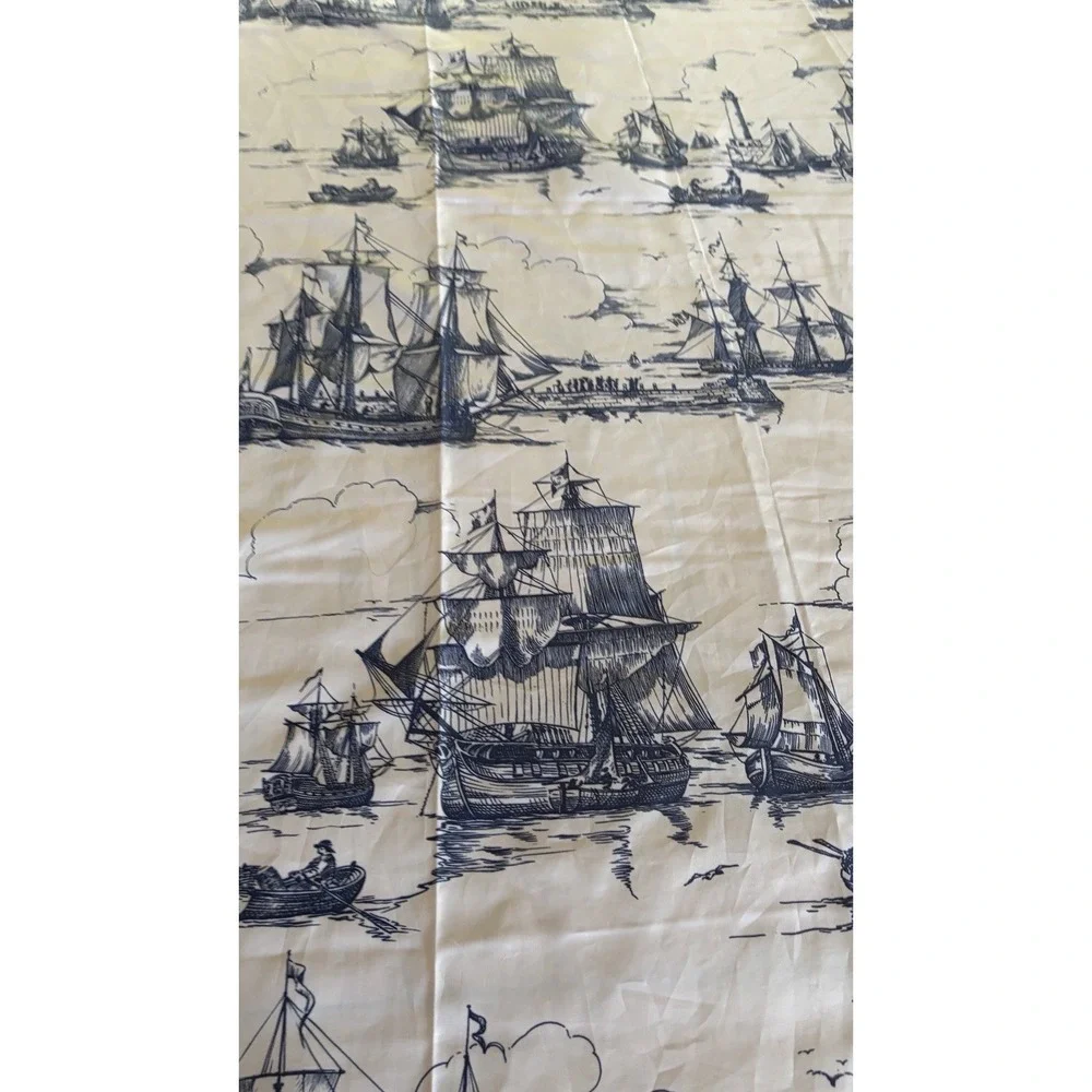 Vintage Old Wood Ships Nautical Lighthouses Fabric Shower Curtain Navy White